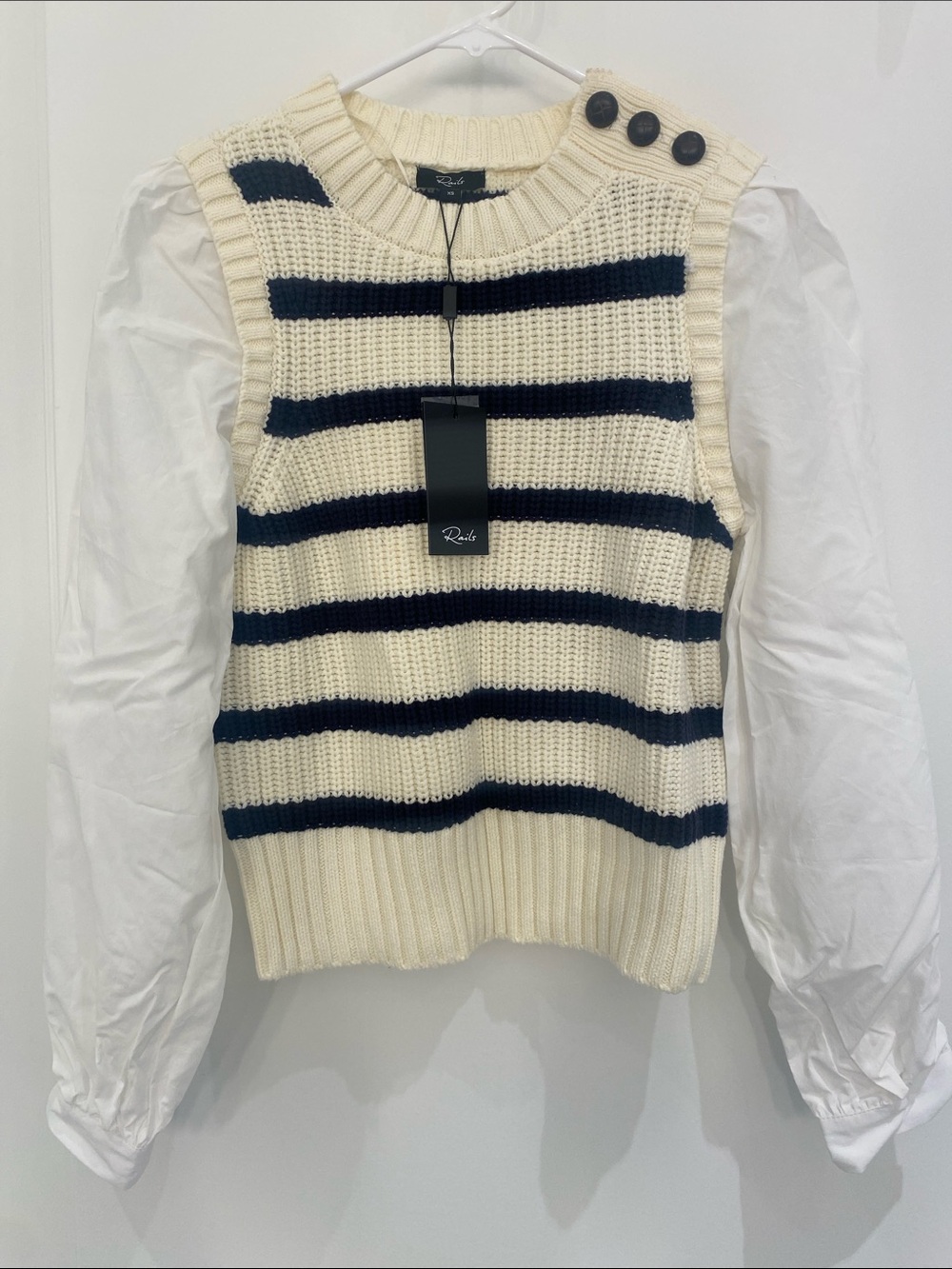 NWT Rails Bambi Crewneck Striped Sweater Vest W/ Puff Sleeves Top XS